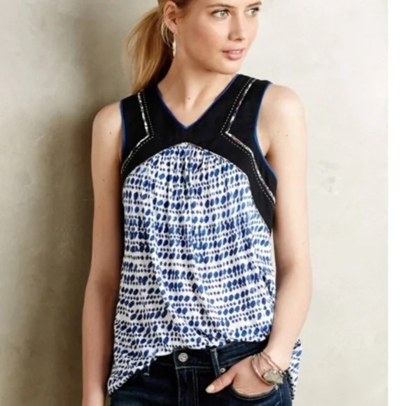 One September Navy Blue V Neck Sleeveless Flowy Shirt Blouse Top Size Small - Picture 1 of 12
